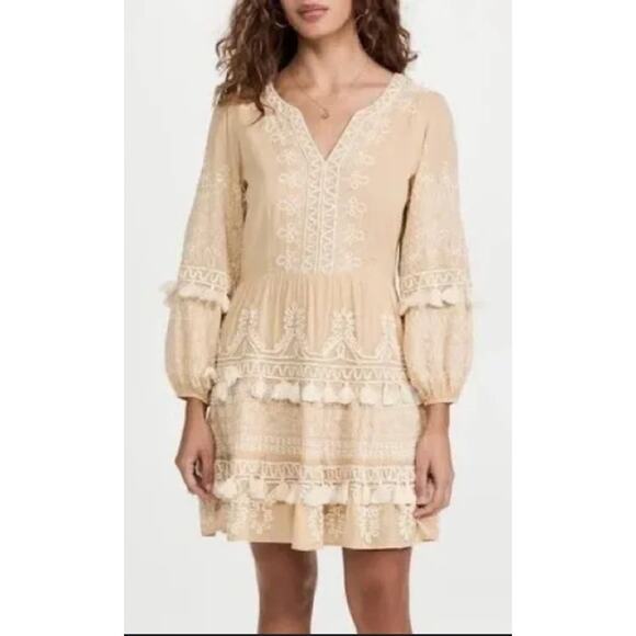 Roller Rabbit Indera Naema Embroidered Dress in Tan & White Size Small - Picture 1 of 8